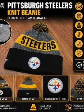 New Era Pittsburgh Steelers NFL Pom Knit Beanie Hat Black Gray Gold One Size OSF